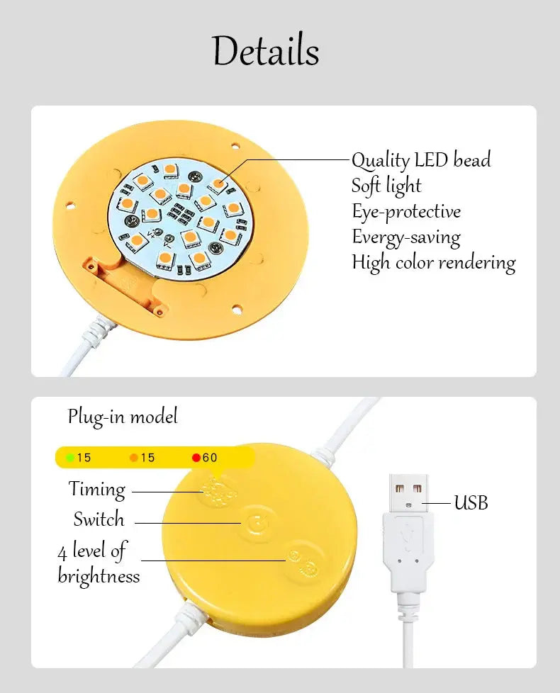 LED light bulb with features listed on a gray background