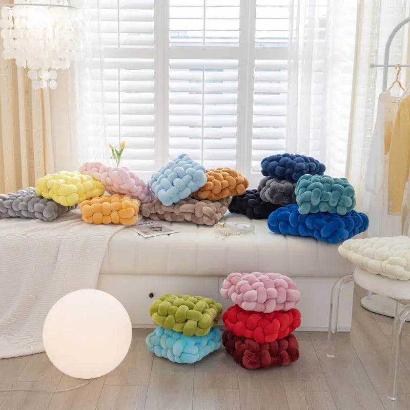 White & Caramel Soft White & Green Soft Hand-woven Knotted Cushion