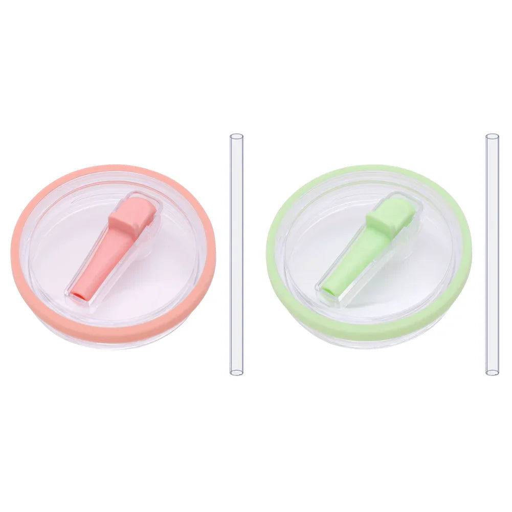 Peach and green flip straw lids with clear straws, reusable 40 oz tumbler lid replacements compatible with Stanley Quencher