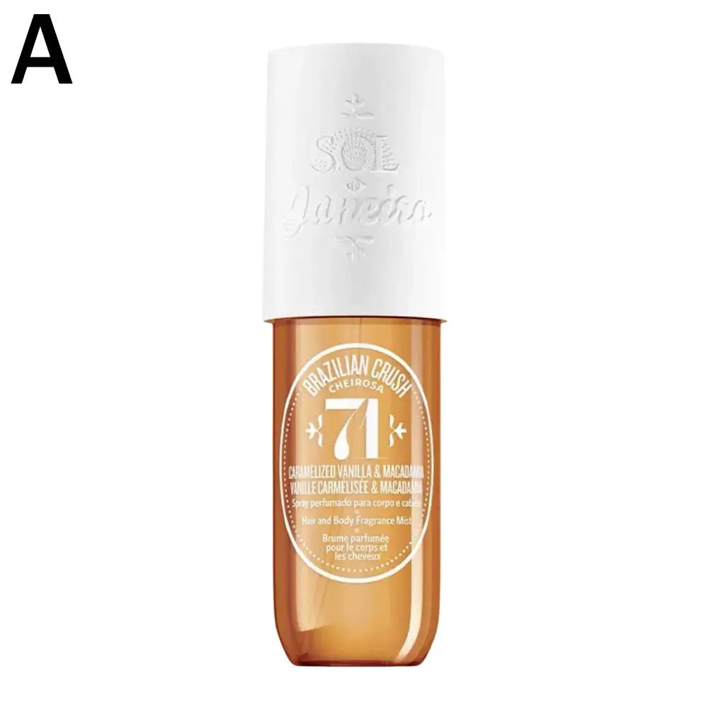 Sol Janeteiro 71 Perfume bottle with white cap and gold body on a white background