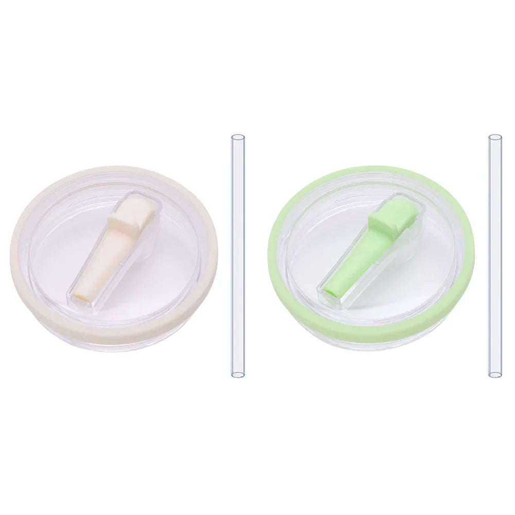 Beige and green flip straw lids with straws, reusable 40 oz tumbler lid replacements for Stanley Quencher