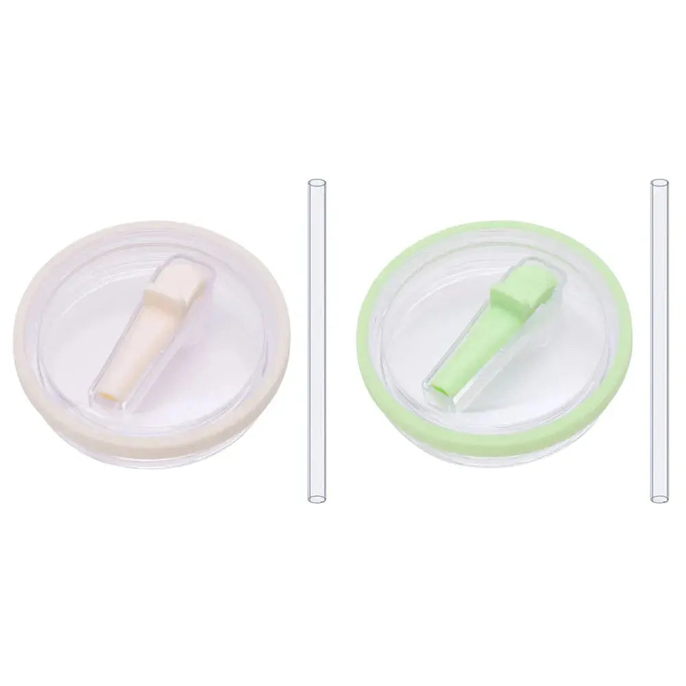 Beige and green flip straw lids with straws, reusable 40 oz tumbler lid replacements for Stanley Quencher