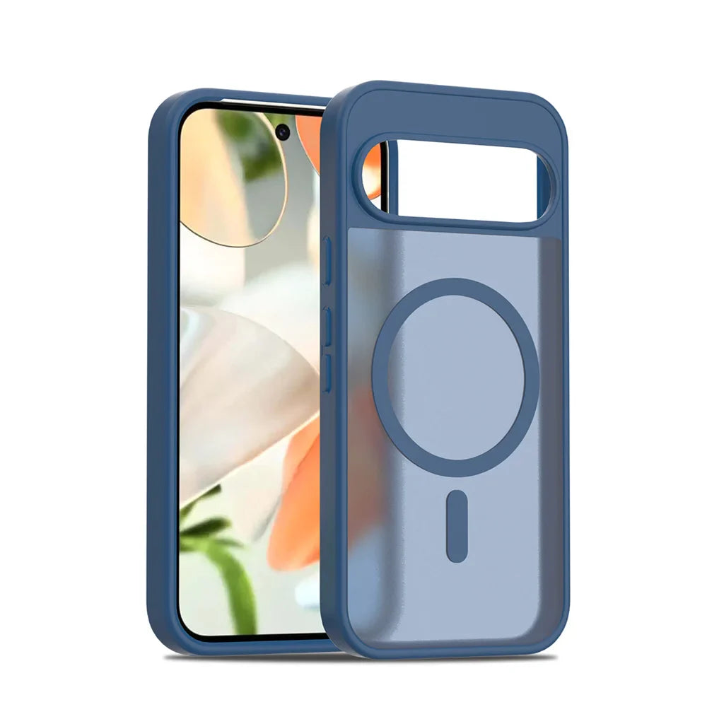 Blue phone case with a clear back and magnetic ring on a white background