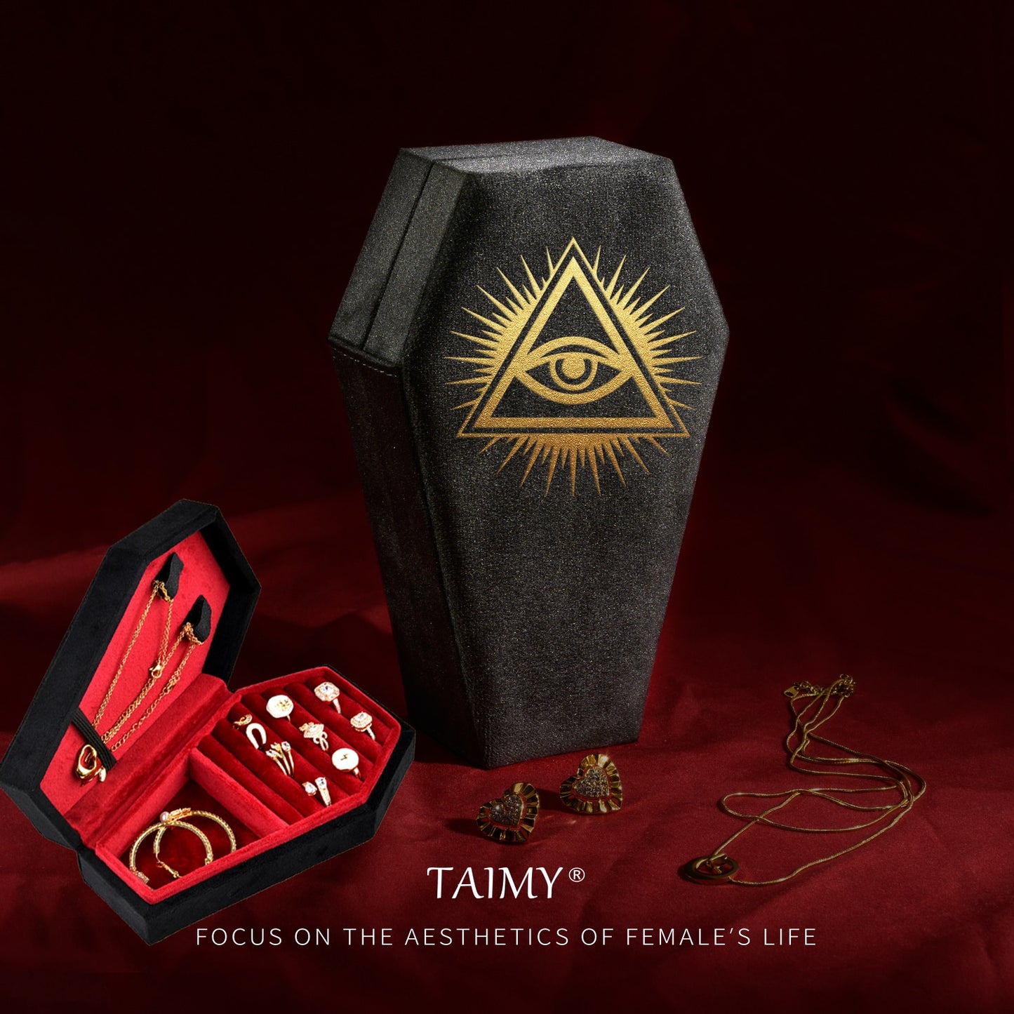 Gothic Velvet Coffin Jewelry Box evil eye gold