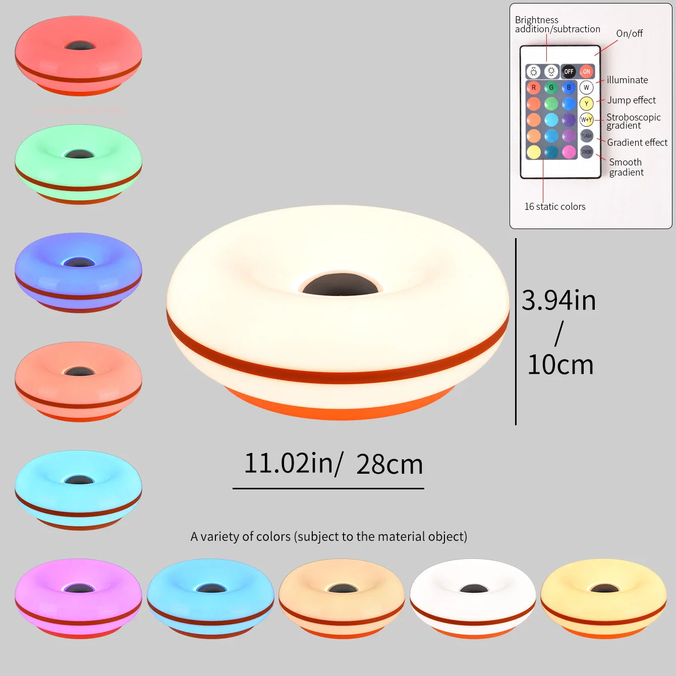 Donut-shaped LED light with color options and remote control on a gray background
