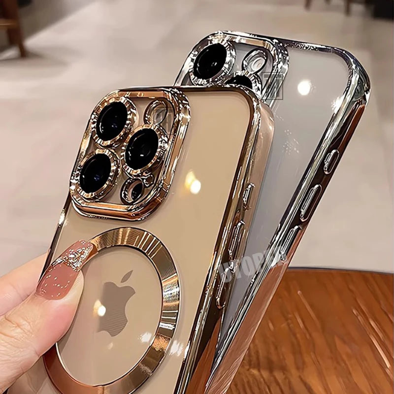 Phone case with Apple logo held by a hand on a wooden surface