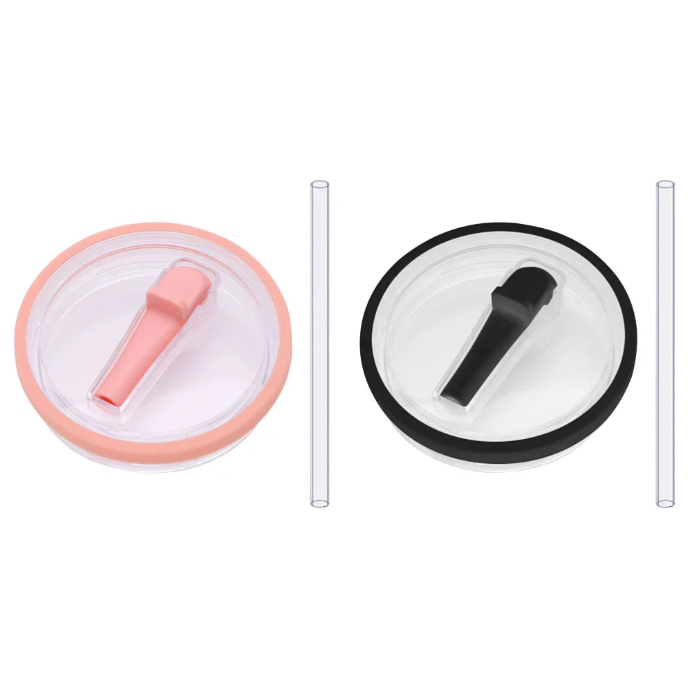 Peach and black flip straw lids with straws, reusable 40 oz tumbler lid replacements compatible with Stanley Quencher