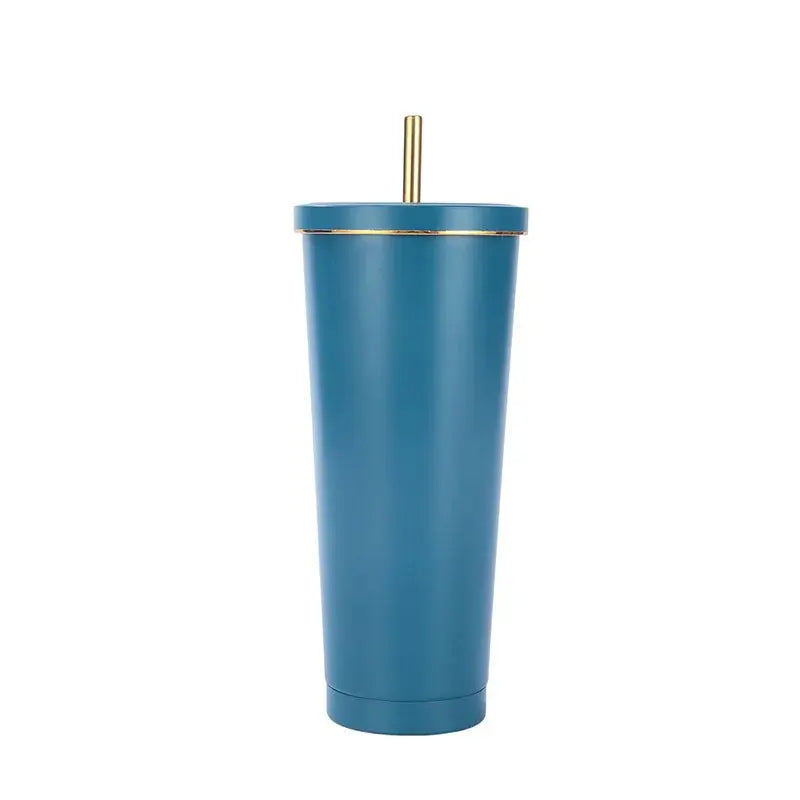 Blue tumbler with a gold lid on a white background