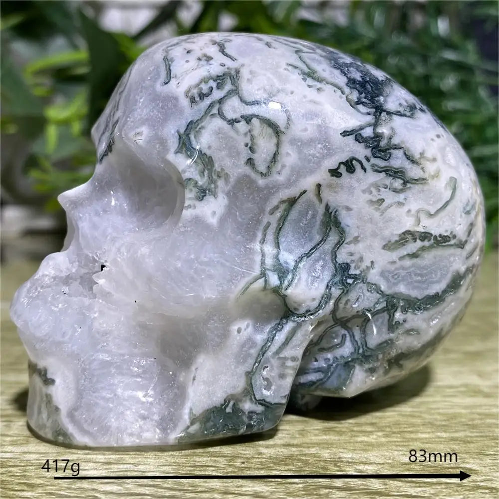 Marble-like stone sculpture of a skull on a wooden surface with greenery in the background