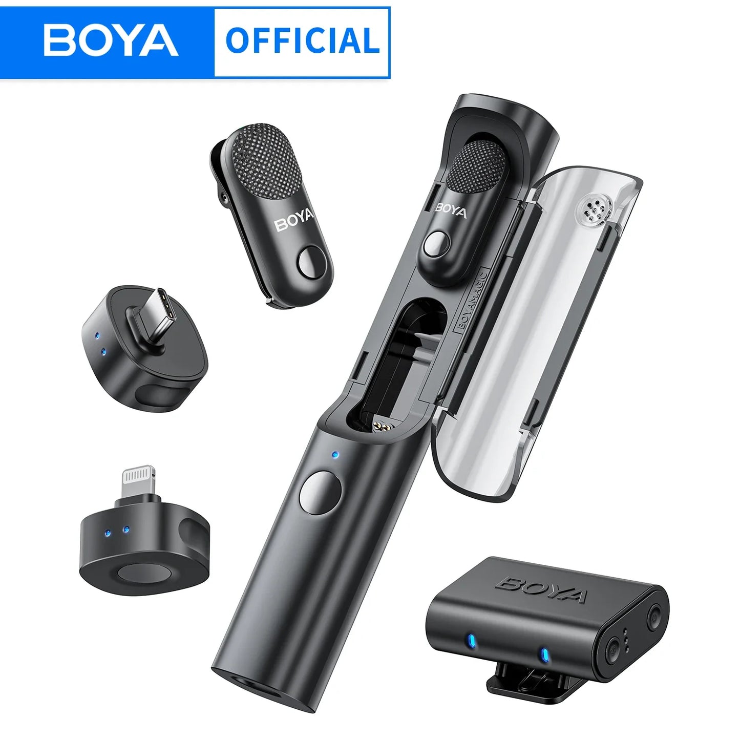 BOYA wireless microphone system with various components on a white background
