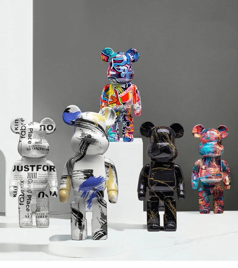 Collection of colorful and stylized bear figurines on a gray background be@rbrick collectable