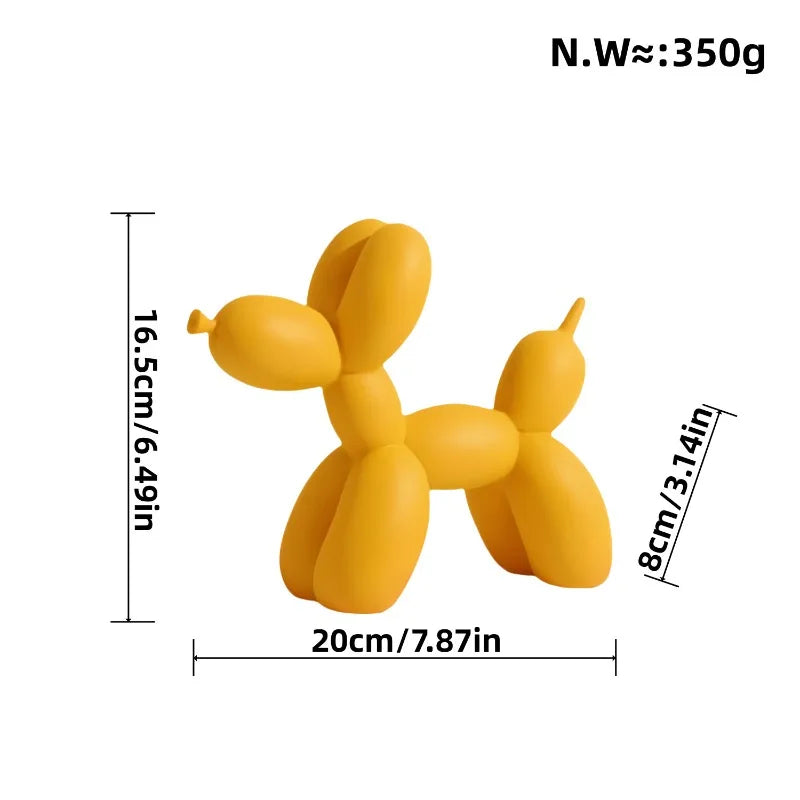 Yellow balloon dog sculpture with measurements on a white background