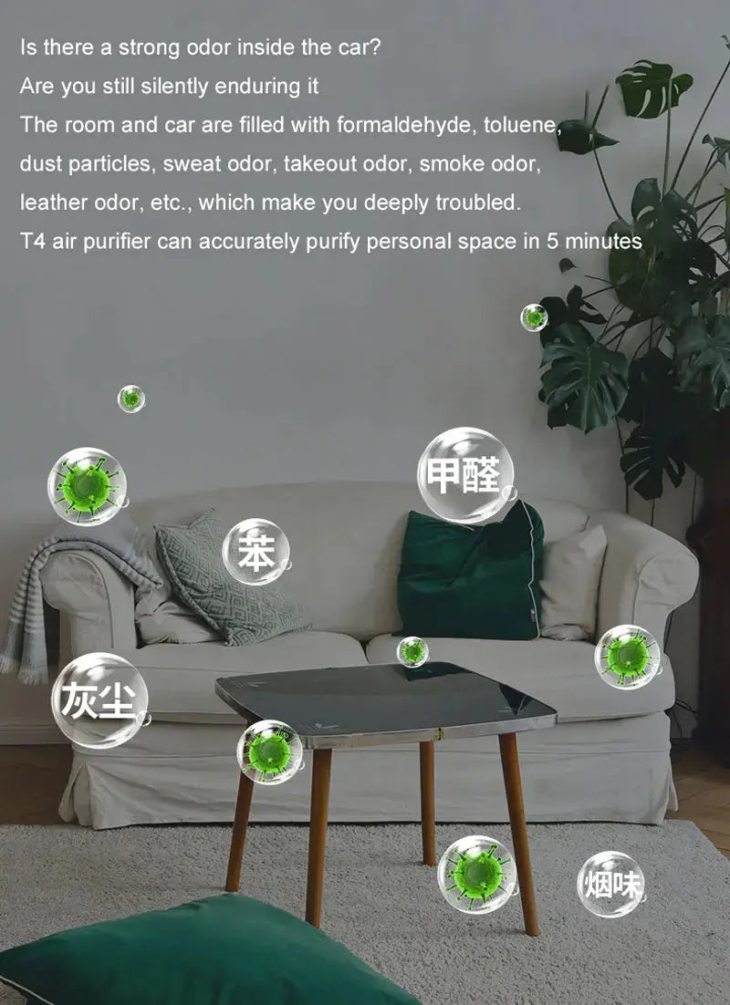 Living room with a sofa, coffee table, and plants, featuring text about air purifier benefits.
