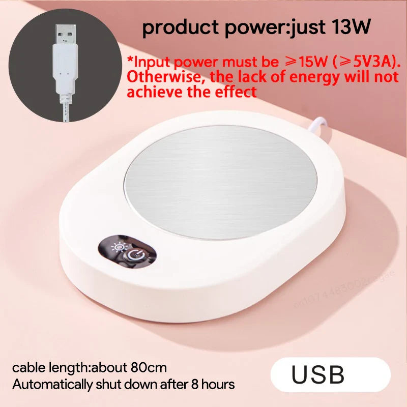 USB-powered thermostatic cup warmer with 13W power, 80cm cable, and auto shut-off after 8 hours for safety and convenience.
