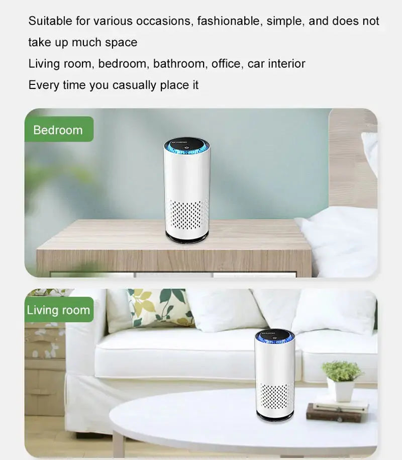 Air purifier shown in a bedroom and living room setting with text about its versatility.