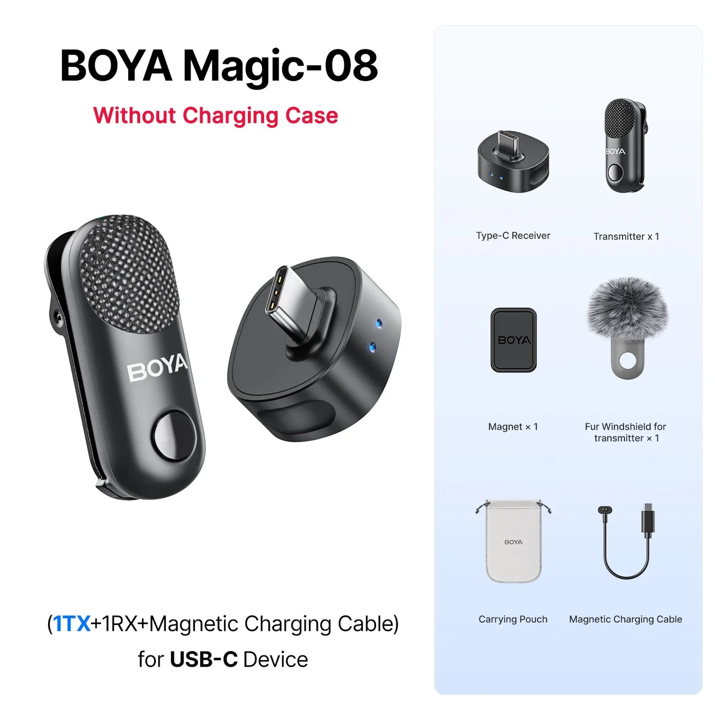 BOYA Magic-08 wireless microphone system with components on a white background