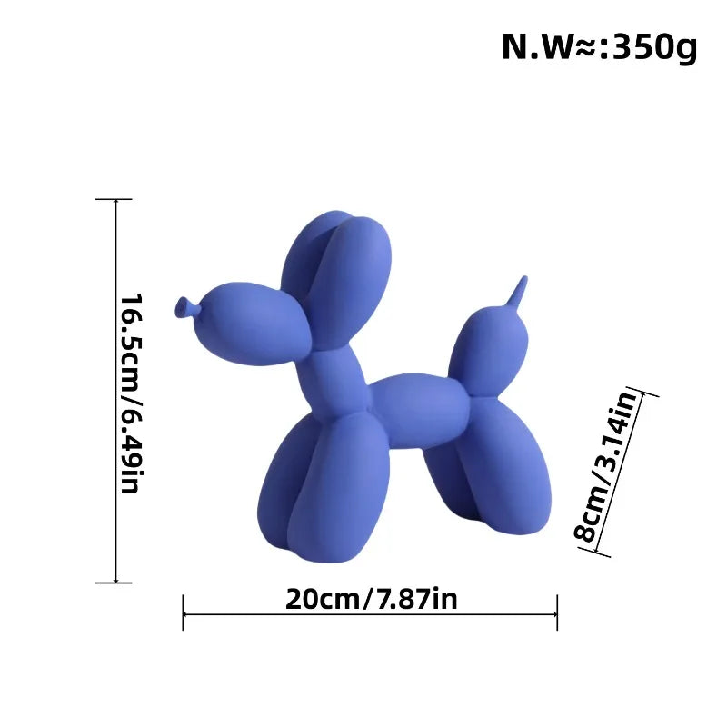 Blue balloon dog figure with measurements on a white background