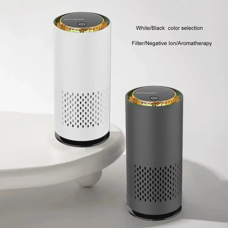 Two cylindrical air purifiers, one white and one gray, on a light gray background.