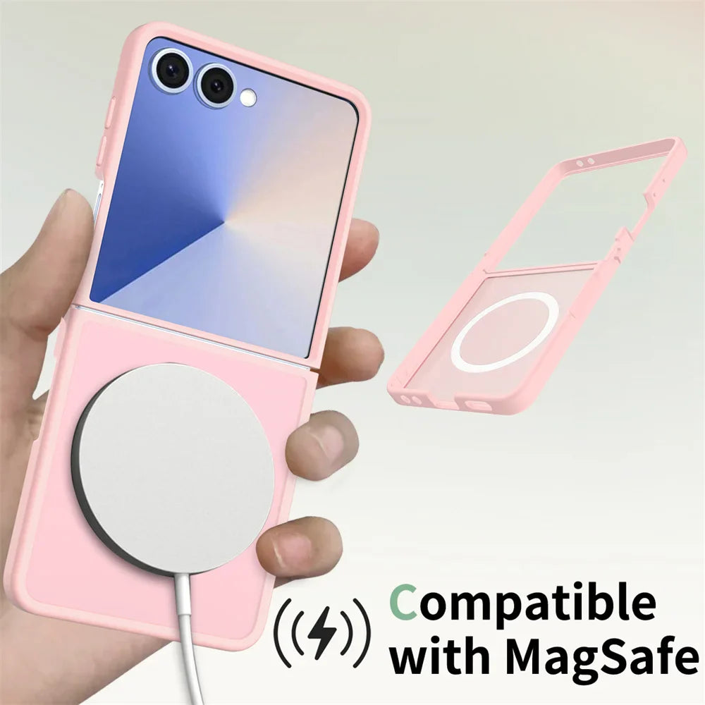 Pink phone case with magnetic charging pad held by a hand, compatible with MagSafe.