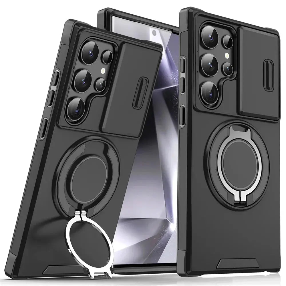 Black phone case with ring holder on a white background