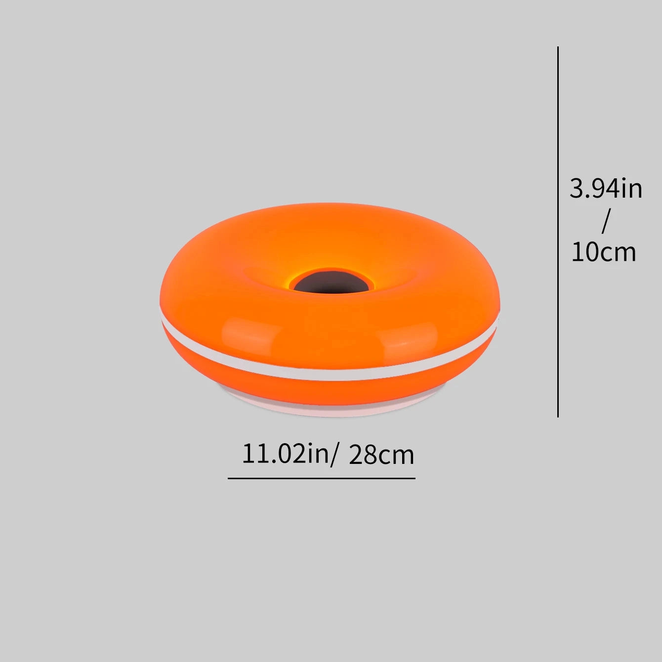 Orange donut-shaped object with measurements on a gray background