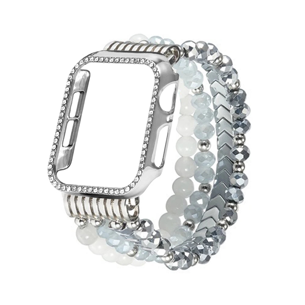 Silver watch case with beaded bracelet on a white background