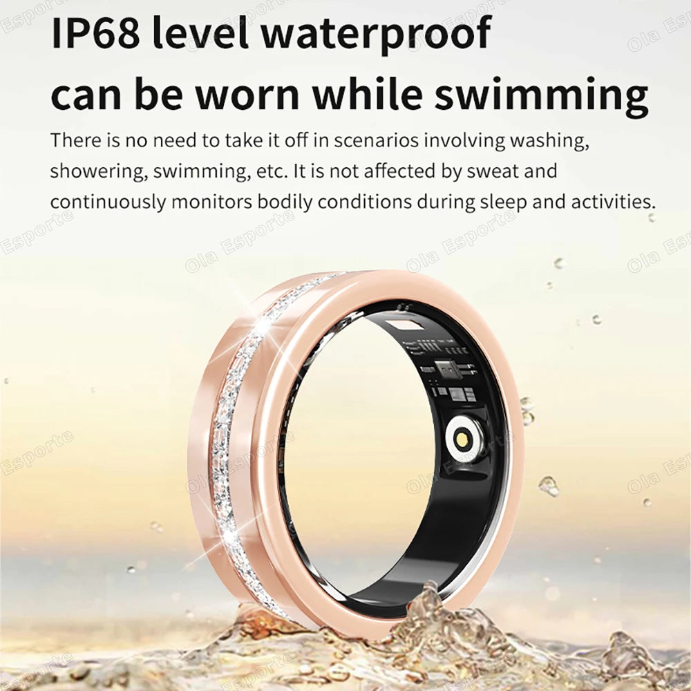 Smartwatch with rose gold band submerged in water, featuring text about IP68 level waterproofing. oura ring