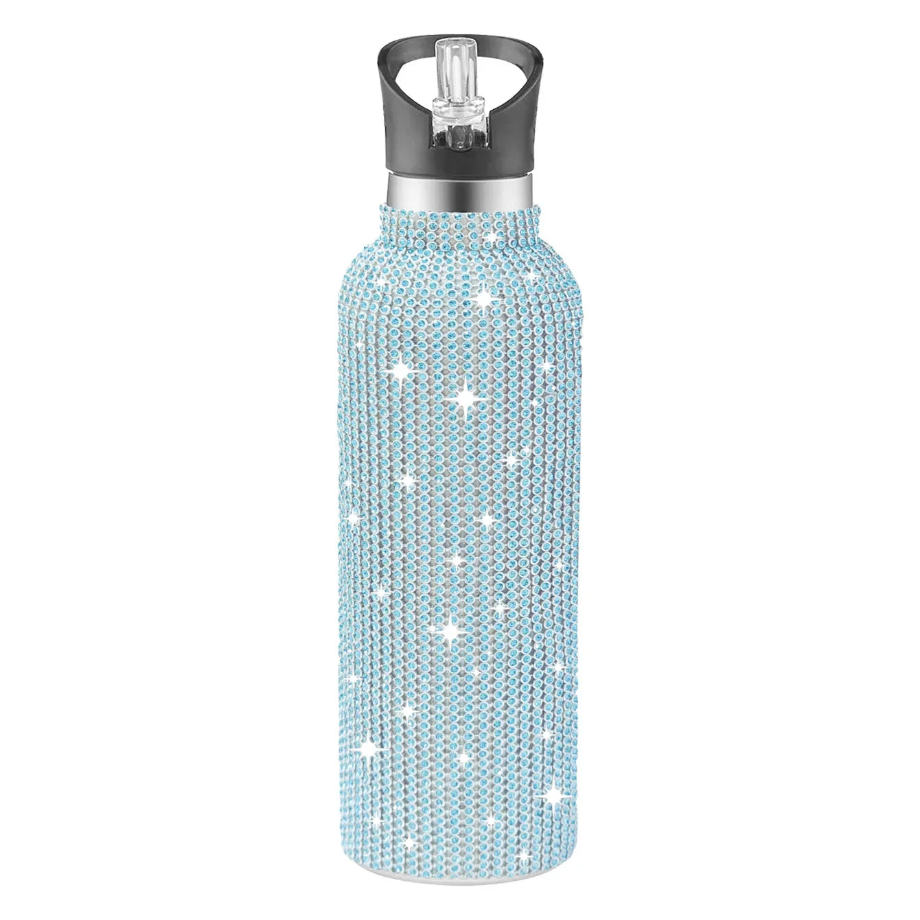 Blue beaded water bottle with a silver cap on a white background