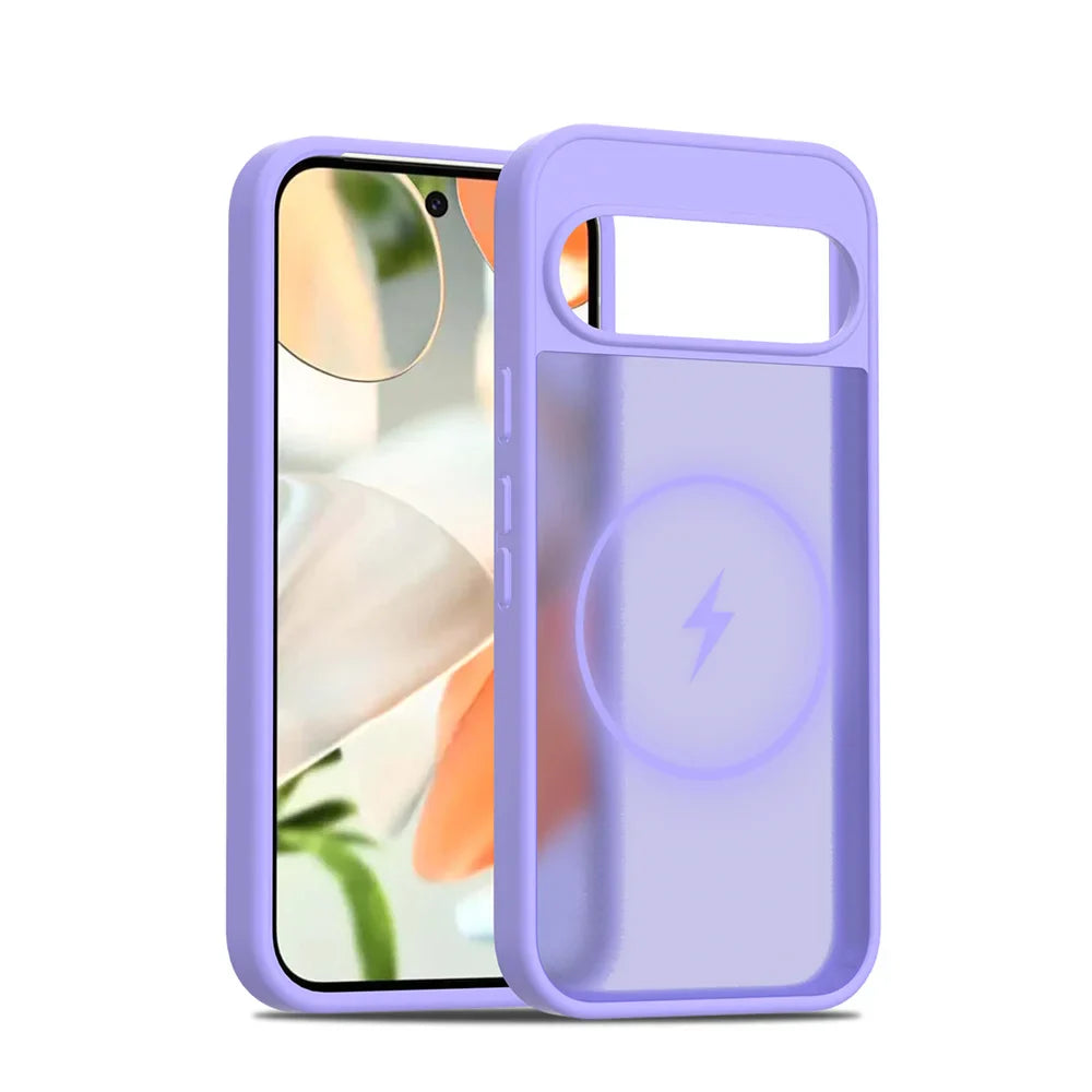 Purple phone case with wireless charging symbol on a white background