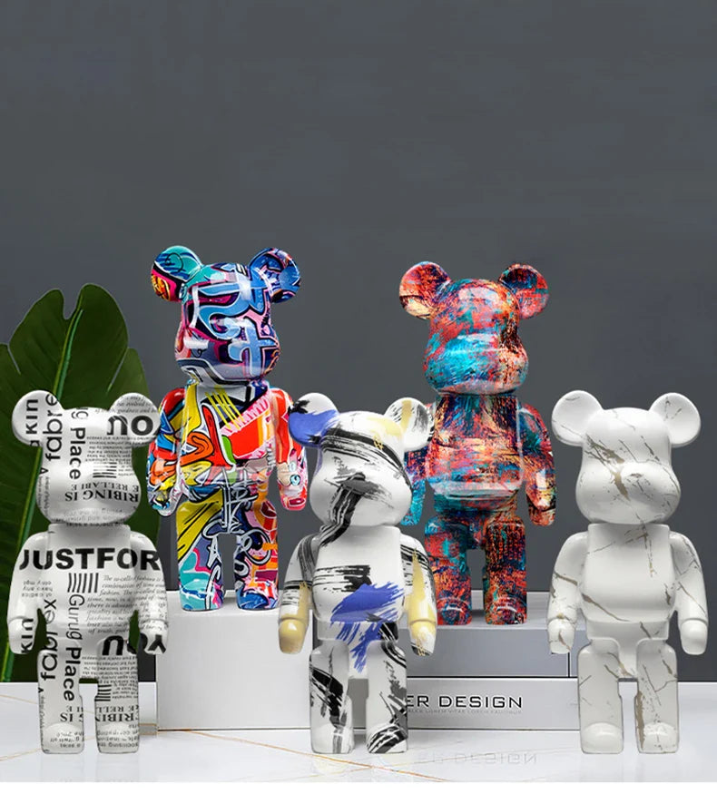Collection of colorful and white bear-like figurines on a dark background be@rbrick collectable