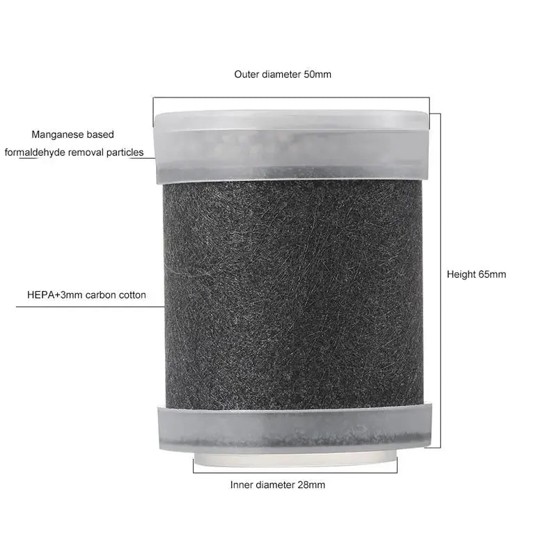 Filter cartridge with dimensions and material details on a white background