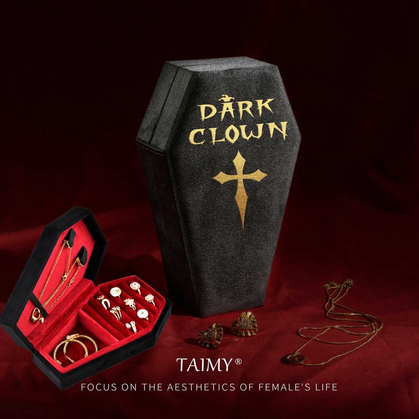 Gothic Velvet Coffin Jewelry Box dark clown detail