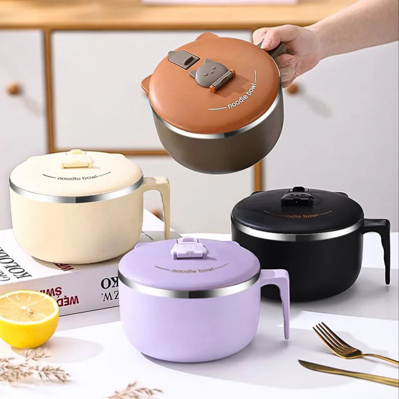 Set of four Instant Noodles Ramens Bowls in cream, brown, black, and purple, featuring secure lids and ergonomic handles.