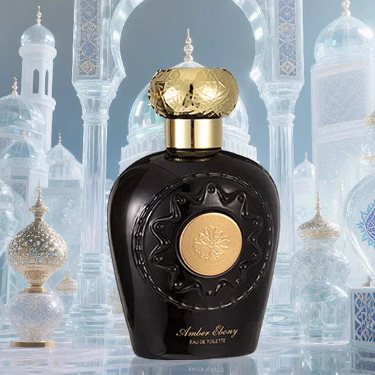 Perfume bottle with gold cap and label against a decorative architectural background