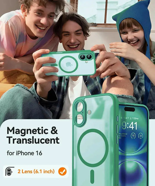 Three people holding a phone with a green case, showcasing its magnetic and translucent features.