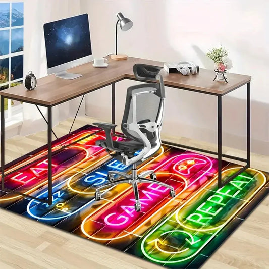 Colorful gaming rug with game-themed design in a room with a desk and chair.