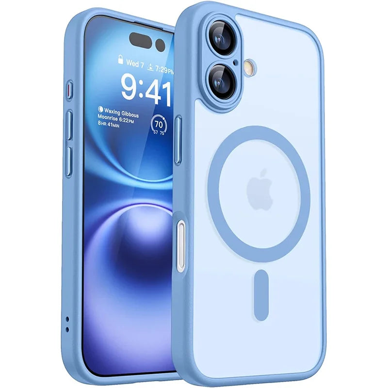 Blue phone case with Apple logo on a white background