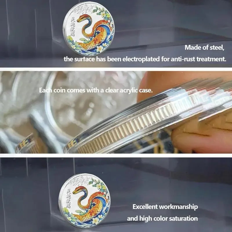 A collectible coin with a 3D relief design of a snake and floral patterns, predominantly in gold and silver colors.