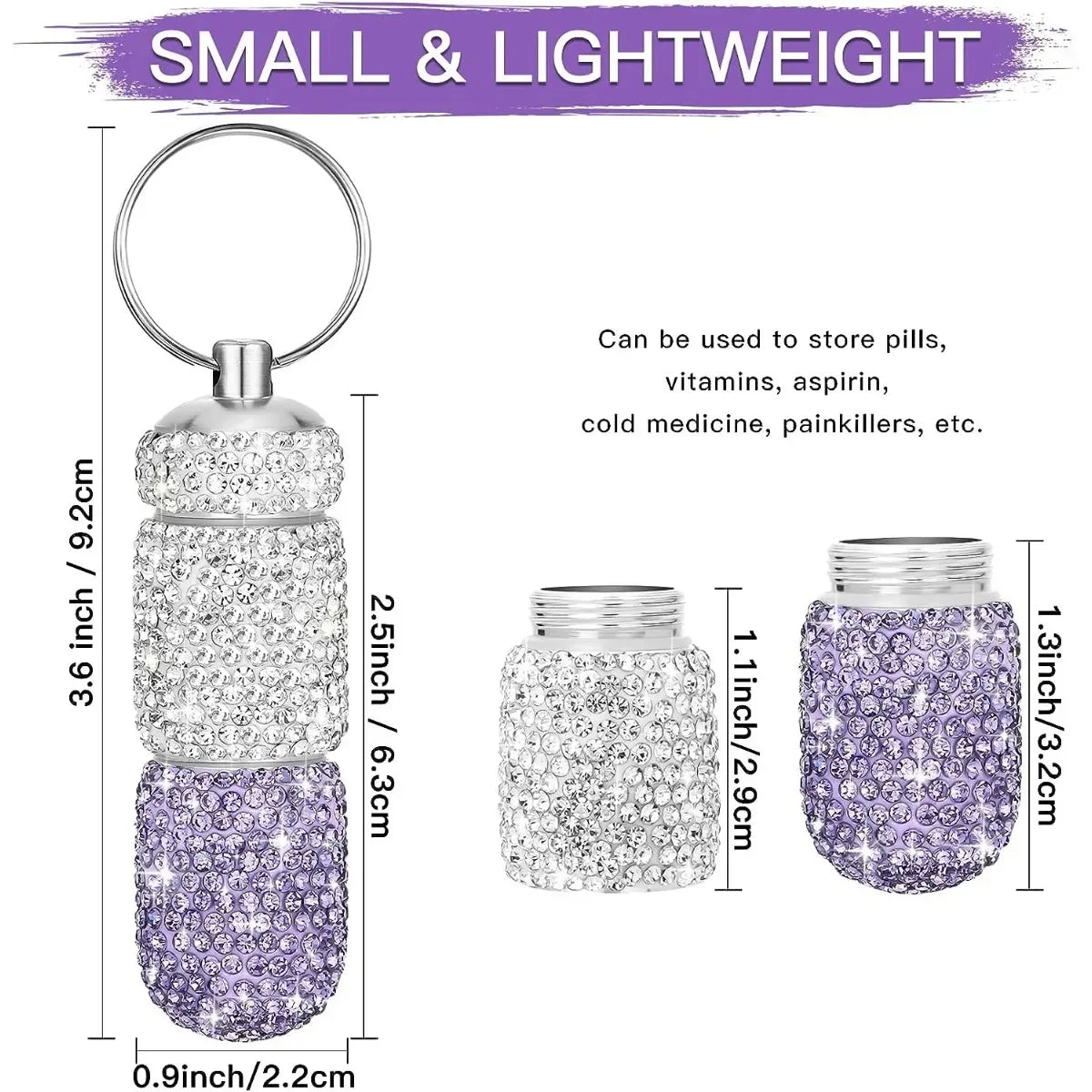 Bling Keychain Pill Box 2 Compartments Small Travel Pill Case Organizer Crystal Diamond Medicine Bottle Pill Bottle Keychain Pure Ember
