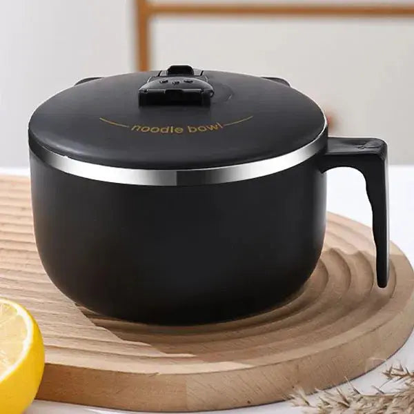 Black Instant Noodles Ramens Bowl with gold lettering and secure lid, perfect for keeping meals warm and fresh.