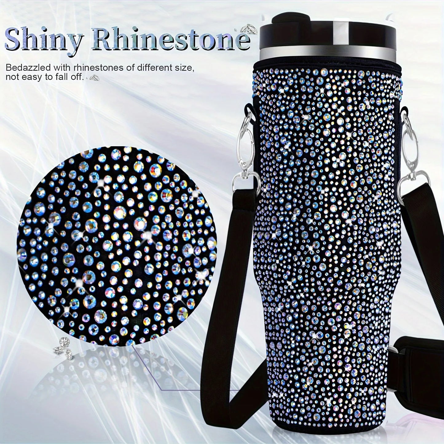 Shiny rhinestone water bottle with close-up of rhinestones on a light background