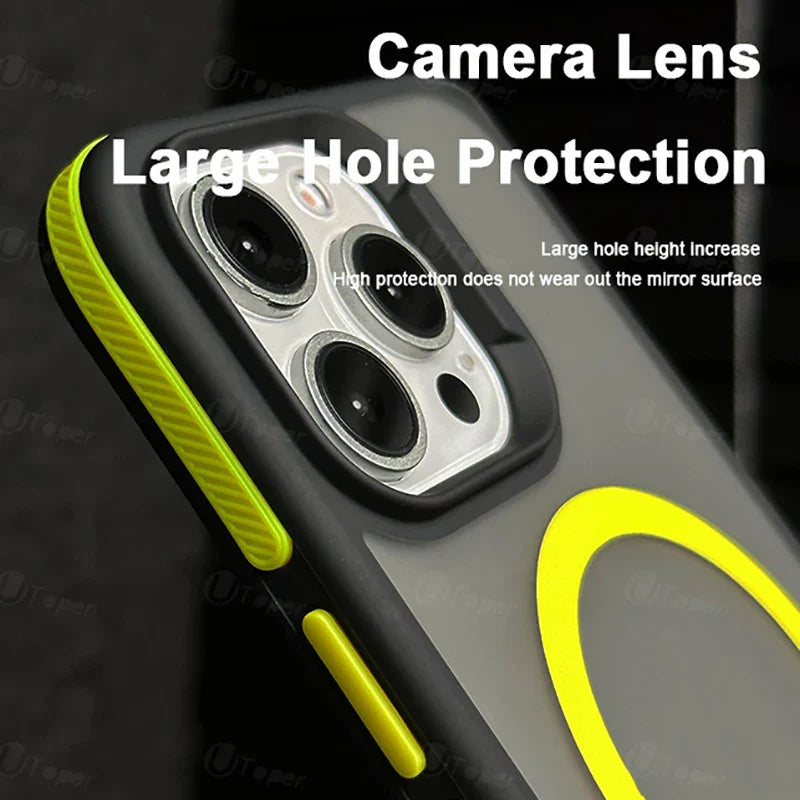 Phone case with camera lens protection feature on a dark background