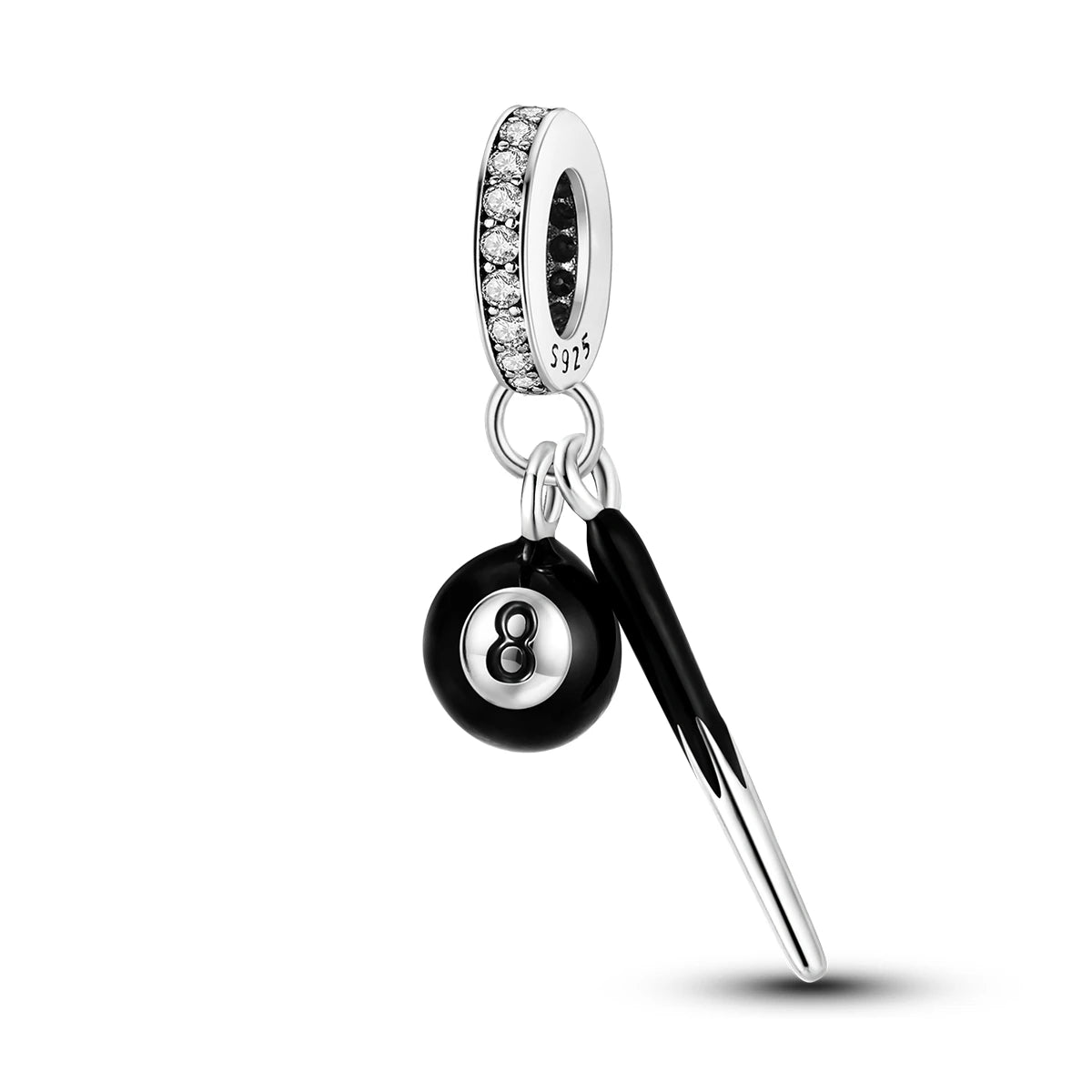 Pandora charm with eight-ball and pool cue on a white background pandora style charm pendant billiards players pool shark pool player