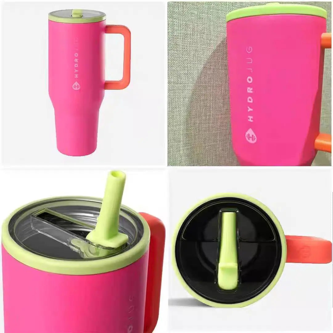 Bright pink HydroJug Gobelet 40OZ Voyageur Thermos with neon green lid and orange handle, featuring close-up of straw and lid design.