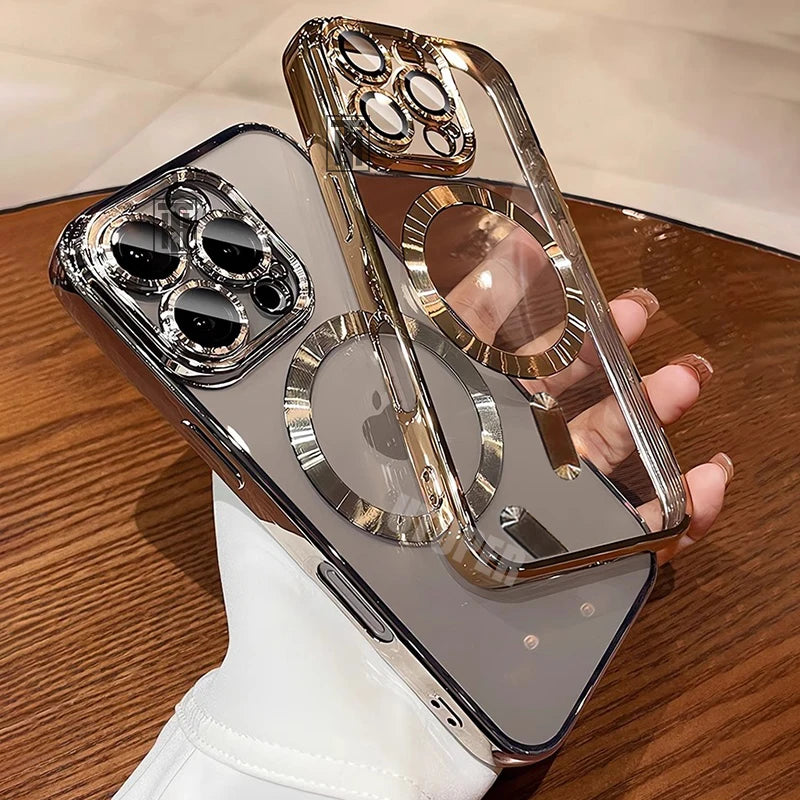 Smartphone with a reflective case held by a hand on a wooden surface