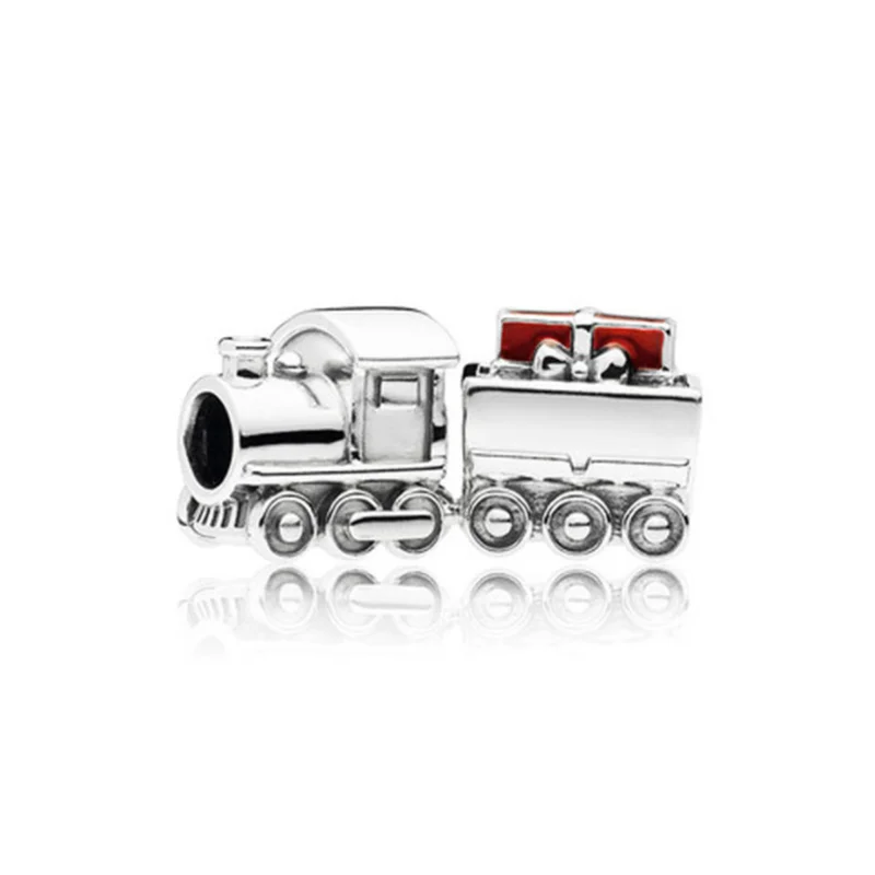 Silver train charm with red accents on a white background pandora style