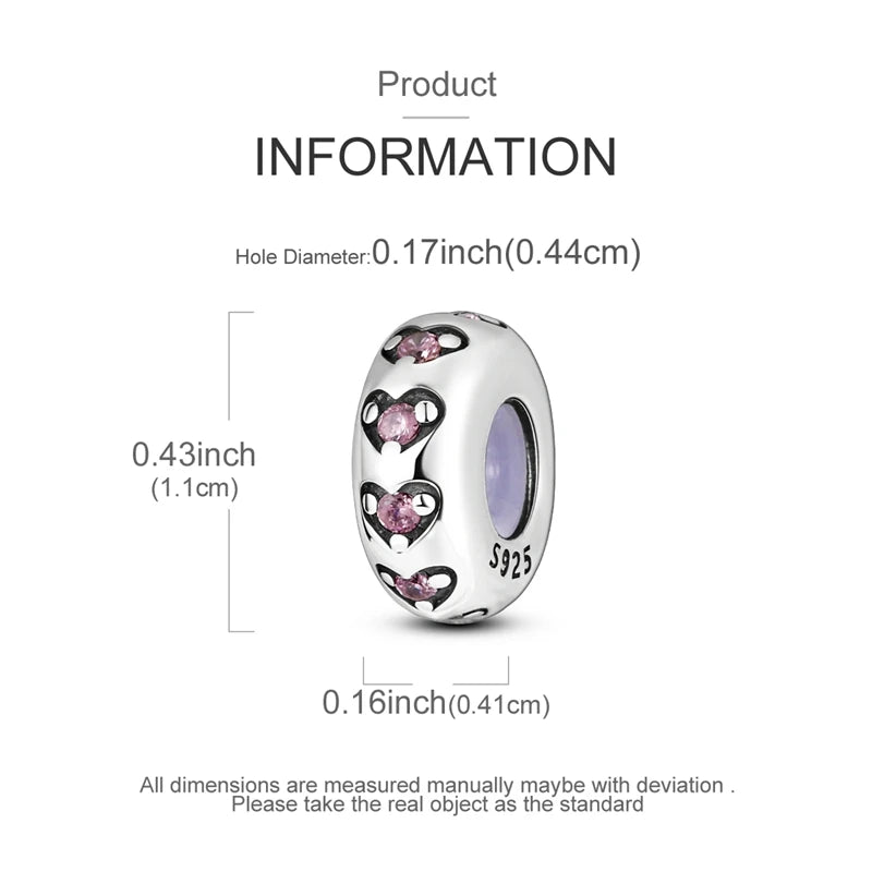 Silver charm with pink stones and measurements on a white background