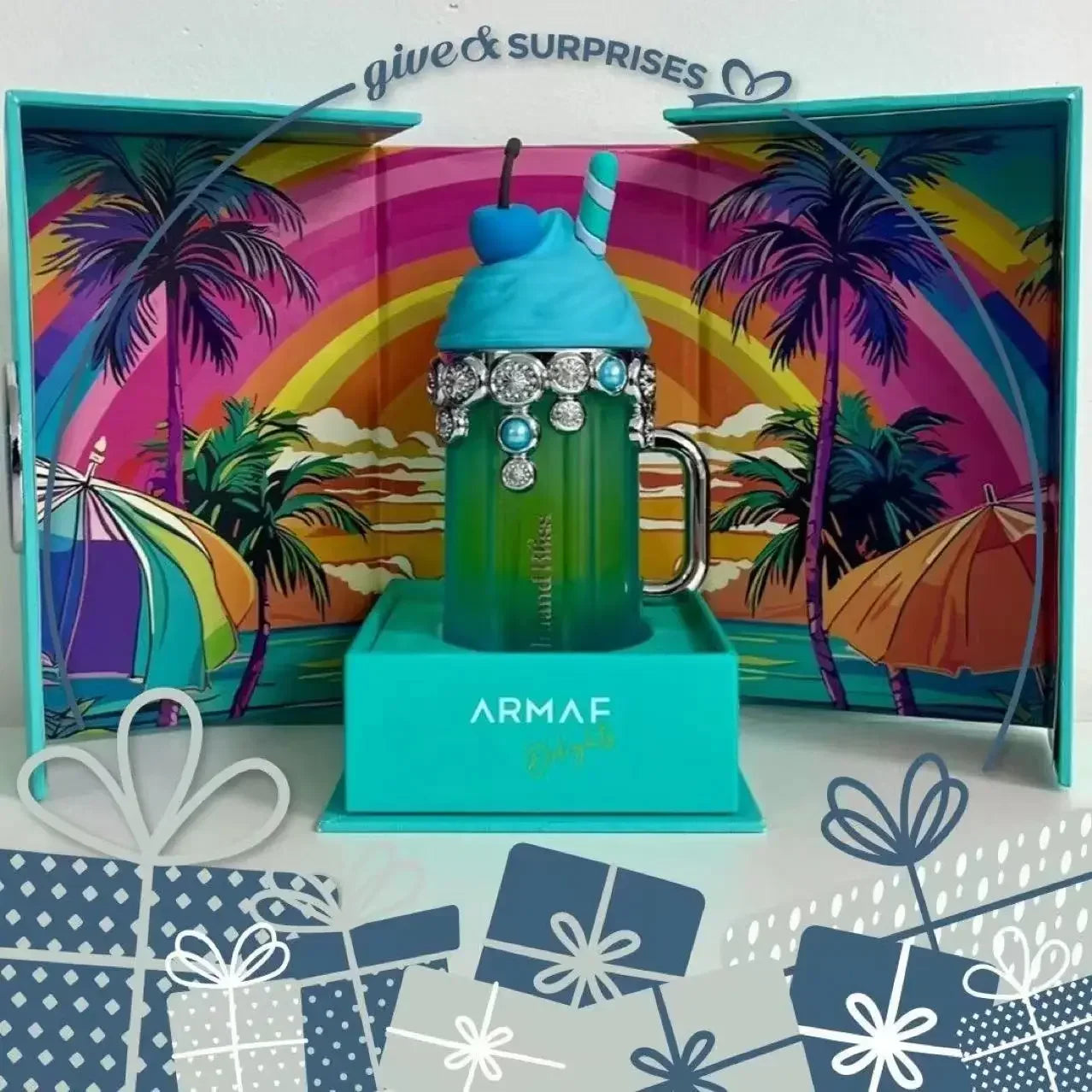 Green Armaf perfume bottle with decorative elements on a colorful 'give & surprises' box.