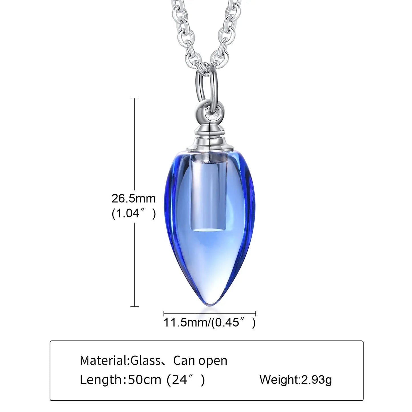 blue Glass Urn Necklace Pendant for Ashes Teardrop Pendant