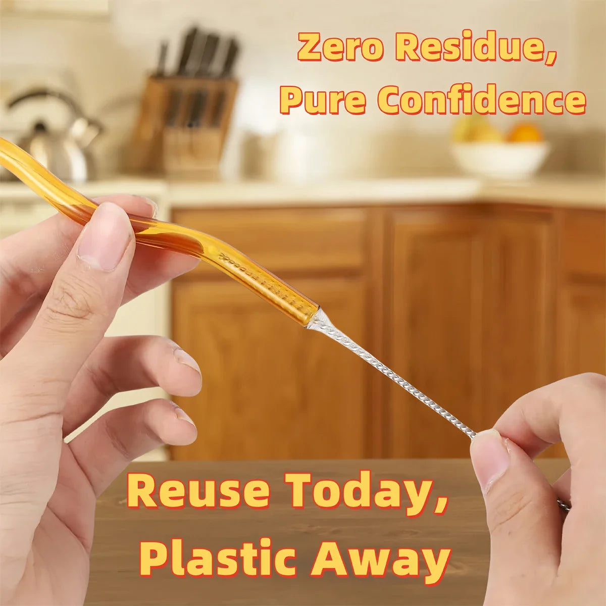 Close-up of cleaning brush inside amber wavy glass straw, emphasizing easy maintenance and zero residue for reusable kitchen straws.